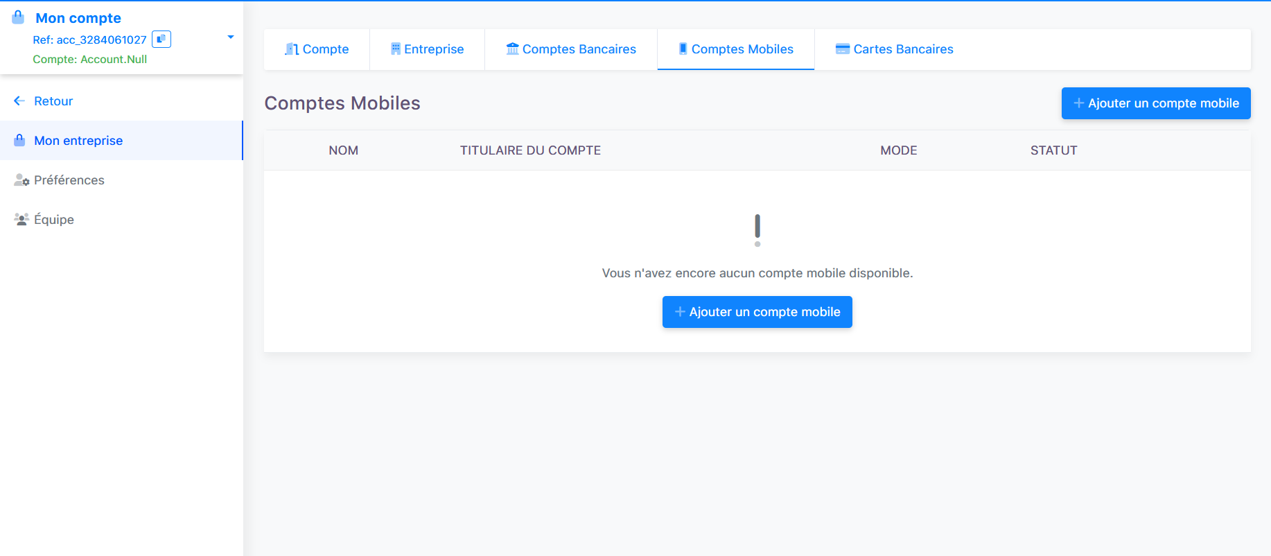 informations du comptes mobiles 