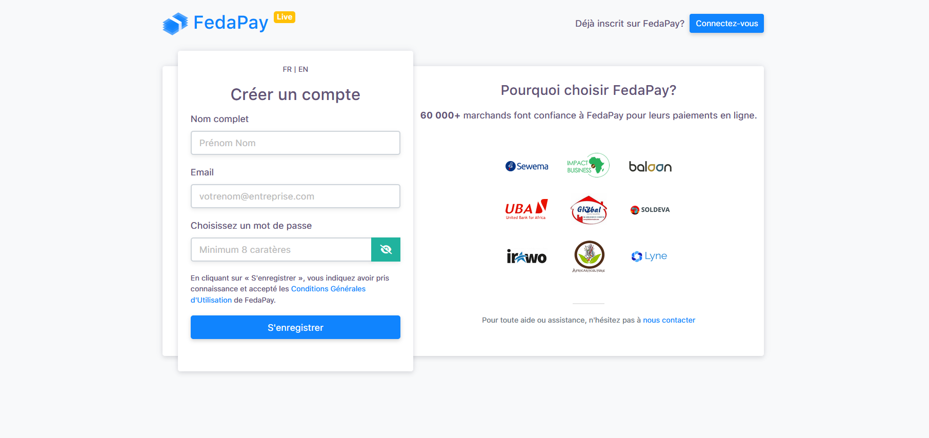 formulaire de création de compte fedapay
