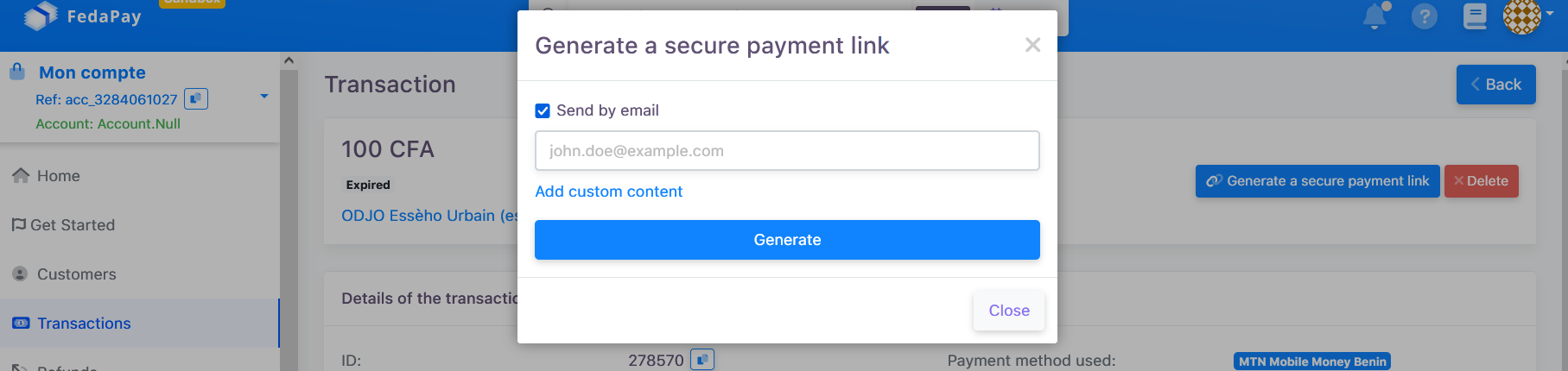 generation of the payment link