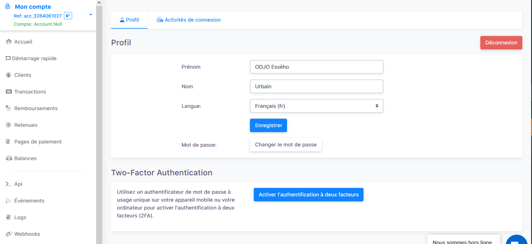 mise à jour de son compte fedpay