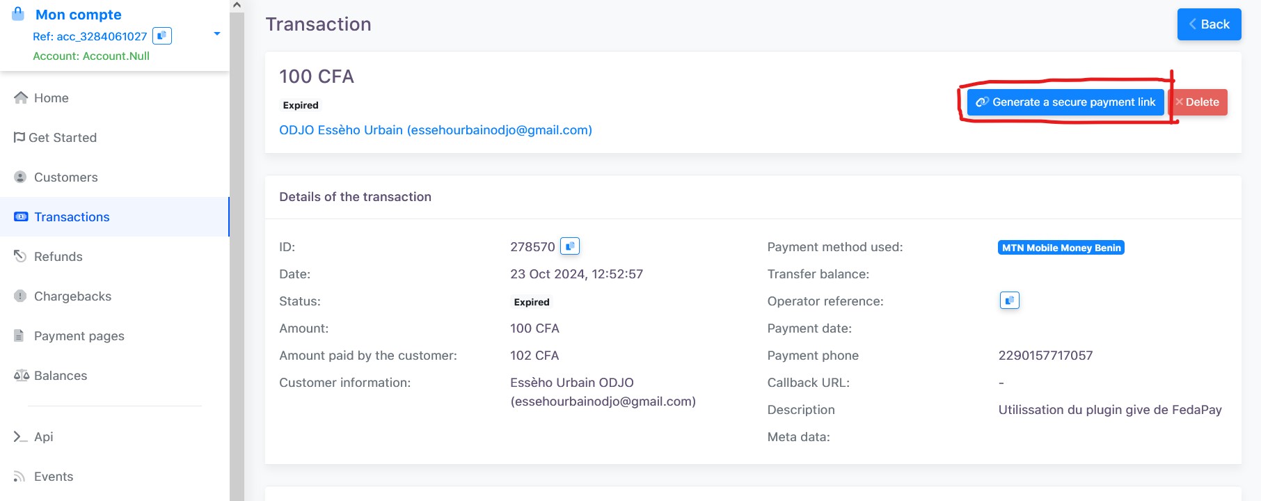 payment link generation button
