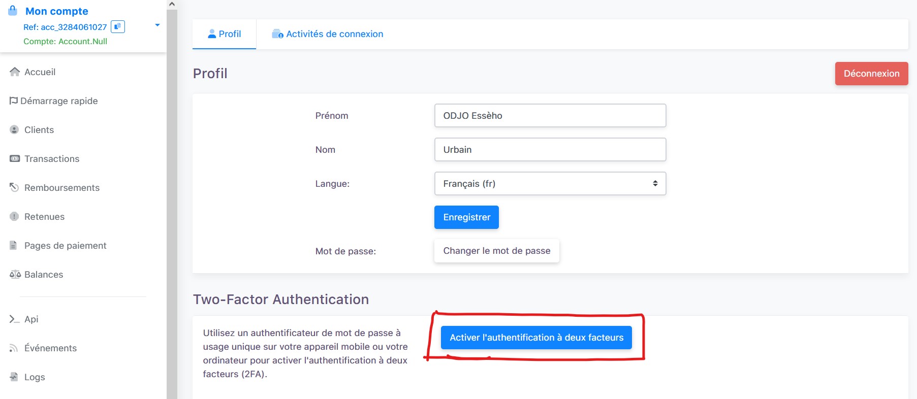 Authentification de son compte fedapay