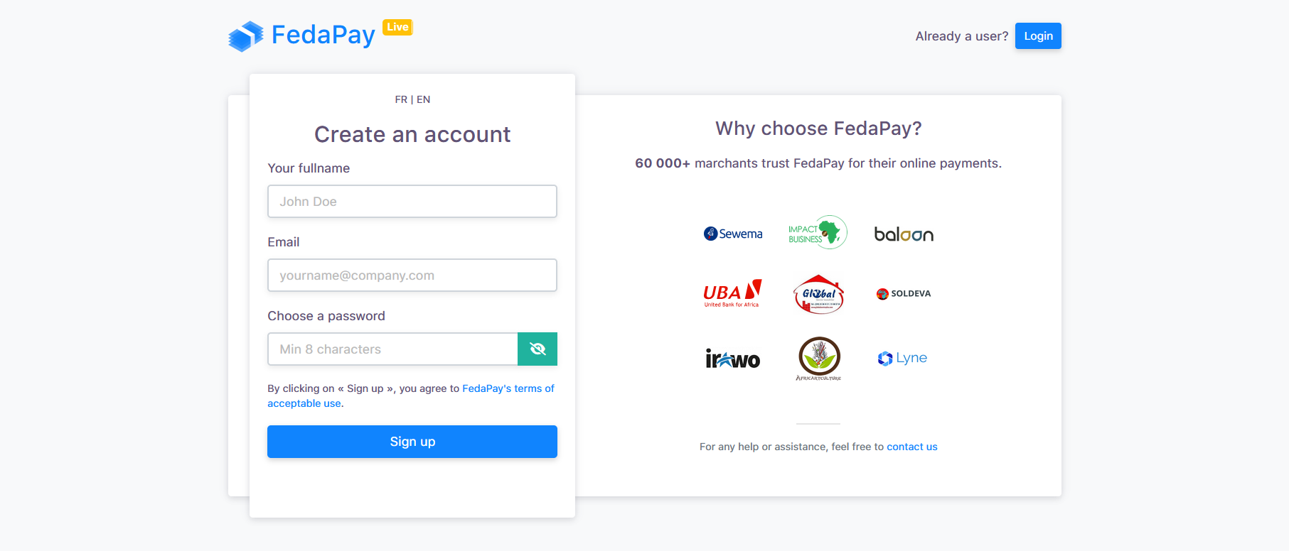 fedapay account creation form
