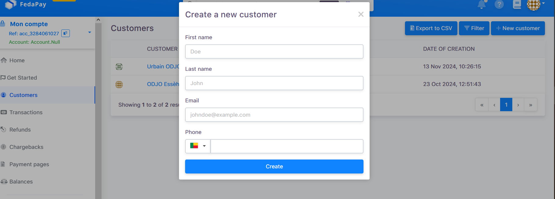 customer creation