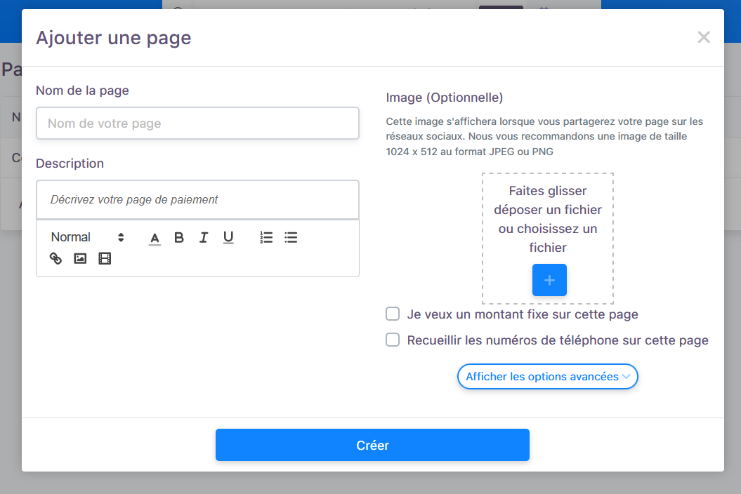 choix des options de configuration de la page de paiement 