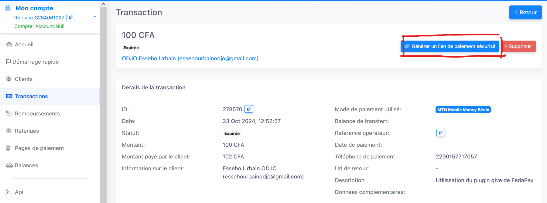 boutton de generation du lien de paiement 