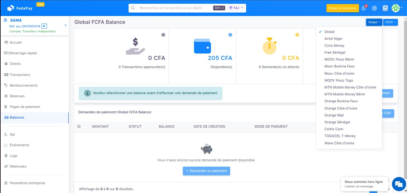 details de votre balance fedpay