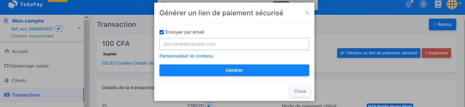generation du lien de paiement 
